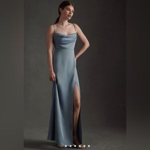 BHLDN Remy Cowl-Neck Faux-Wrap Satin Gown in Dusty Blue